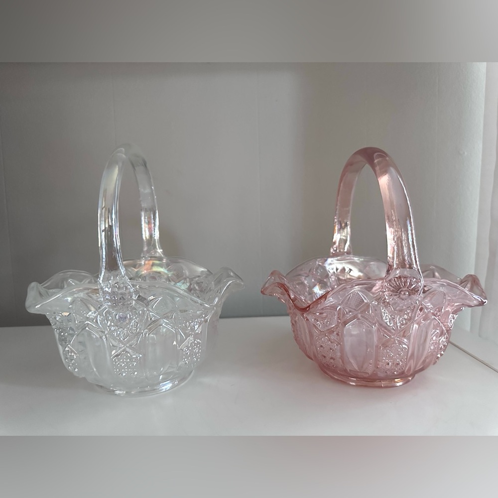 Vintage Glass Baskets with Handles - Carnival Glass Pink & Clear Iridescent PAIR